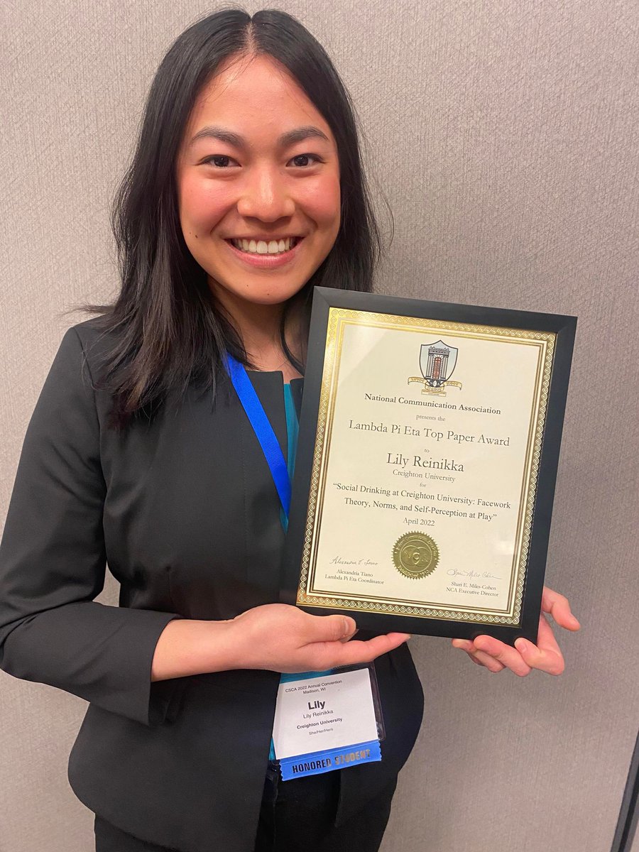 NatComm's tweet photo. NCA is pleased to recognize and congratulate @Creighton undergraduate student Lily Reinikka as the recipient of NCA’s 2022 Lambda Pi Eta Top Paper Award at the @CSCA_COM Annual Convention. Congratulations! #CSCA22 #CommTwitter https://t.co/fUAyDdBr6t