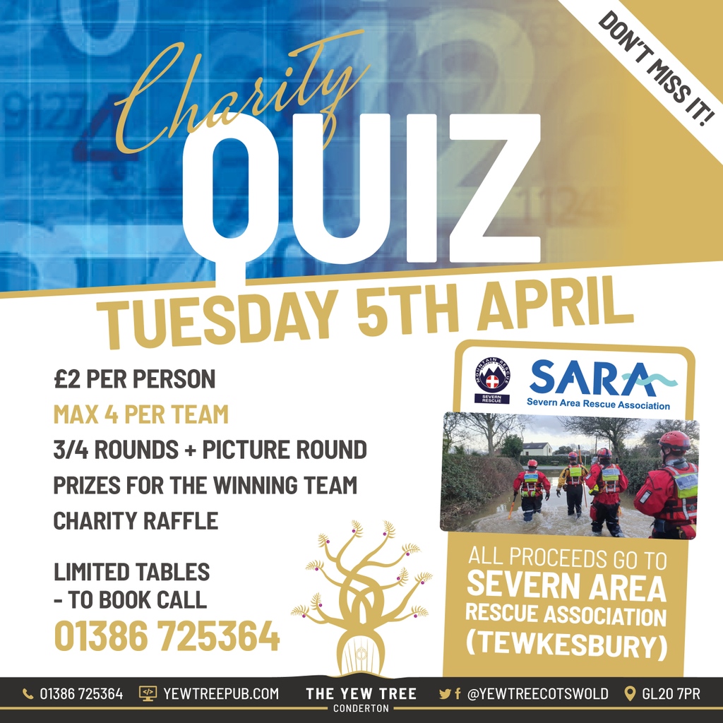 yewtreecotswold's tweet photo. Don't forget to book your table for our charity, starting at 8pm on Tuesday evening, all in aid of a very good cause.

Call 01386 725 364 to book your table! https://t.co/qaJ4NFojES