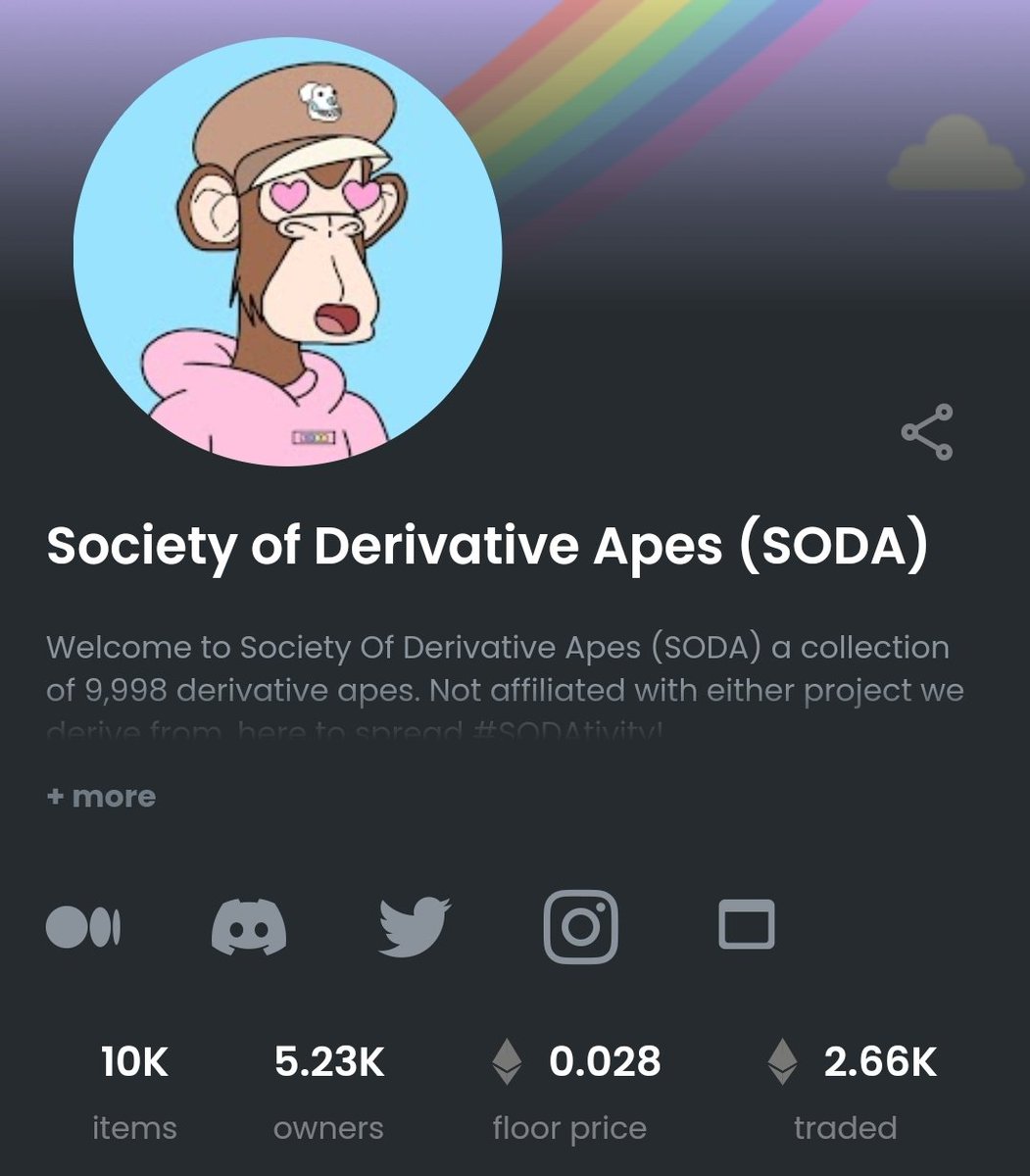 Mutant #derangedapes are just around the corner and in my opinion @DerivativeApes is one of the most undervalued #NFT projects. If you aren't holding one you should pick one up right now 💯.
Retweet if you agree 🔁, and share your #SODA below 👇