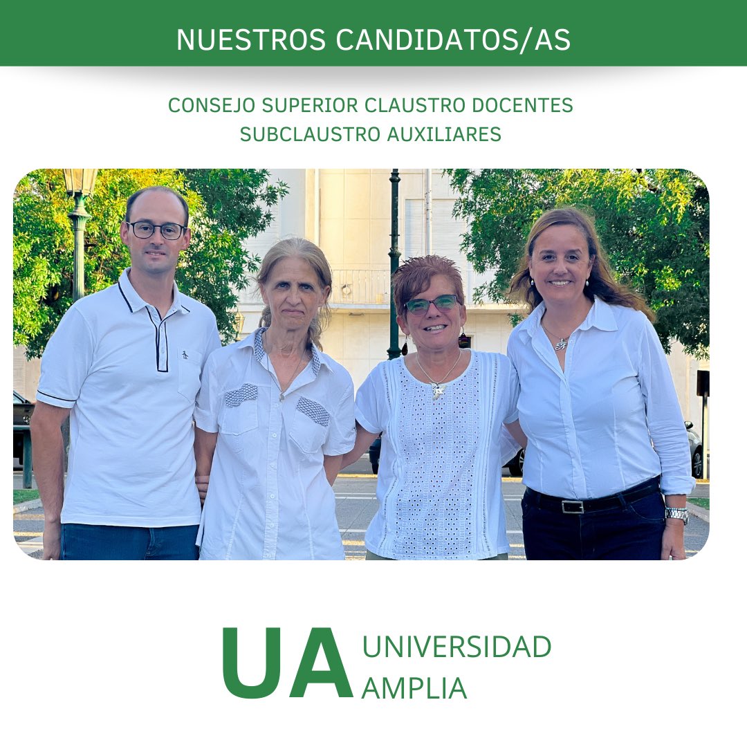 UA_UNLPam's tweet photo. NUESTROS CANDIDATOS/AS. Elecciones UNLPam 2022 🗳 

Claustro docente. Subclaustro auxiliares. 
• Silvia Siderac 
• Varinia Jouve 
• Federico Martocci 
• María Claudia García 
• Mario José Calafat 
• Gabriela Sardi https://t.co/BFb2bRGtcP