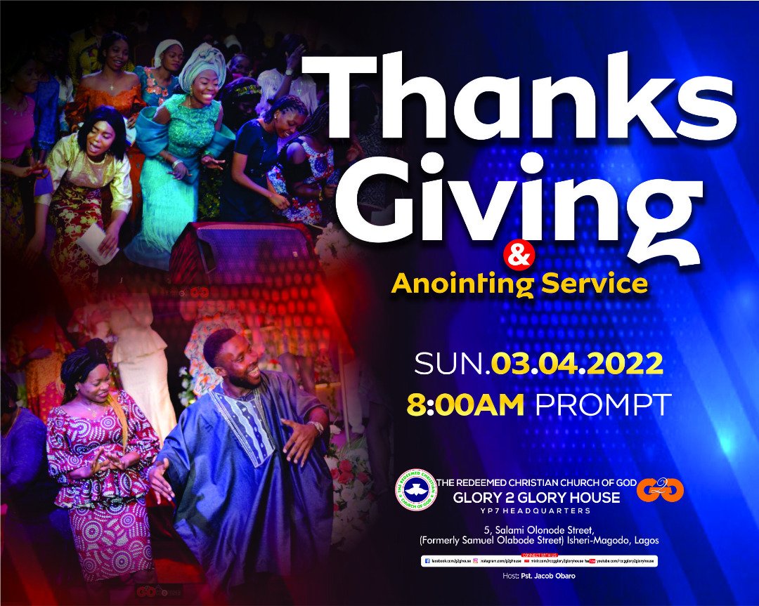 G2Ghouse's tweet photo. No doubt, God has been good. So, join us tomorrow (Sunday, 3rd April, 2022) in Church for our Special Thanksgiving Service.
Time: 8am (Combined Service)
#G2GHouse
#RCCGGlory2GloryHouse
#AprilThanksgiving https://t.co/NHOTGHPIpa