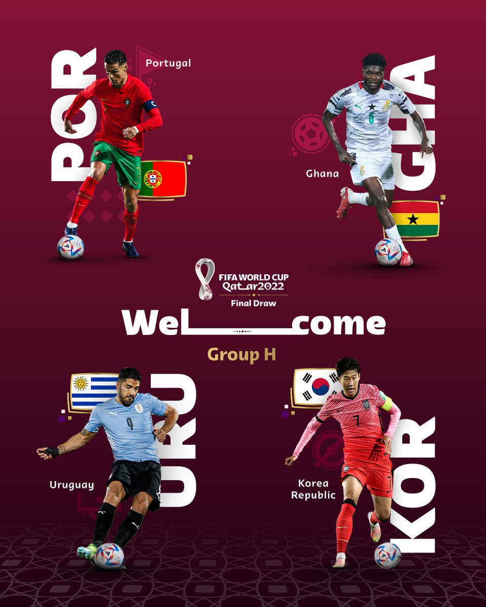 𝙄𝙣𝙩𝙧𝙤𝙙𝙪𝙘𝙞𝙣𝙜 𝙂𝙧𝙤𝙪𝙥 𝙃...

HUGE names. Which player will make the difference?🤩 

#FinalDraw | #FIFAWorldCup 

🇵🇹 @selecaoportugal | 🇬🇭 @ghanafaofficial | 🇺🇾 @Uruguay | 🇰🇷 @theKFA