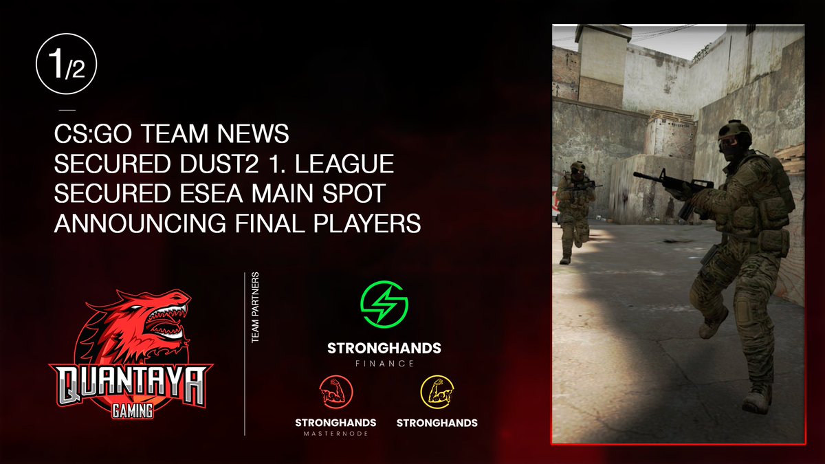 Quantaya-Gaming (@quantayagaming) on Twitter photo 1/2 - We are proud to announce that our CS:GO team have secured a spot in the <a href="/Dust2dk/">Dust2 ๐ฉ๐ฐ</a> league 1. division, as well as a spot in ESEA main league with the possibility to promote to ESEA Avanced
It has been a rough season, were we had to play with stand-ins to survive.. continued 1/2 - We are proud to announce that our CS:GO team have secured a spot in the <a href="/Dust2dk/">Dust2 ๐ฉ๐ฐ</a> league 1. division, as well as a spot in ESEA main league with the possibility to promote to ESEA Avanced
It has been a rough season, were we had to play with stand-ins to survive.. continued