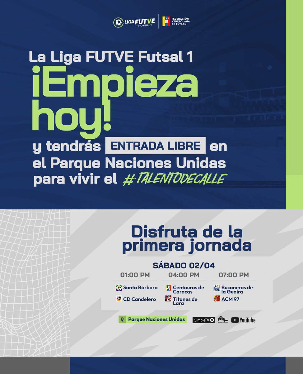 LigaFUTVESala's tweet photo. 😁 ¡Es hoy! Hoy comienza la #LigaFUTVEFutsal1! 

A partir de la 1:00 p.m. en el Parque Naciones Unidas. 👉 ¡Entrada gratis!

No te pierdas de ver todo el #TalentoDeCalle. 🤩 

#VenezuelaEsFUTVE https://t.co/UtNPYNDGRL