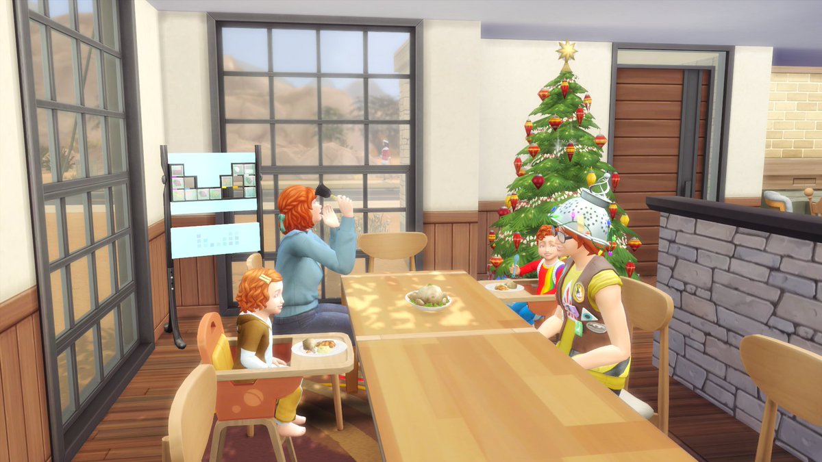 HanbamSims's tweet photo. It's Christmas day, and Alice worked late on Christmas eve so they didn't have time to decorate the tree. While Erwin gives the kids baths and they play with their toys, Alice quickly decorates the tree, and then it's time for Christmas dinner! #NotSoBerry #TheSims4 https://t.co/6AhOaryEhp