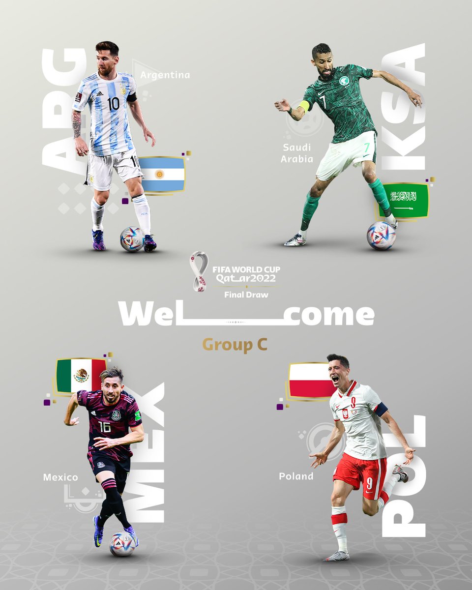FIFAWorldCup's tweet photo. 𝙄𝙣𝙩𝙧𝙤𝙙𝙪𝙘𝙞𝙣𝙜 𝙂𝙧𝙤𝙪𝙥 𝘾...

Leo versus Lewy - who you got?

#FinalDraw | #FIFAWorldCup 

🇦🇷@Argentina | 🇸🇦@SaudiNT 
🇲🇽@miseleccionmx | 🇵🇱@LaczyNasPilka https://t.co/bUJj8RICon