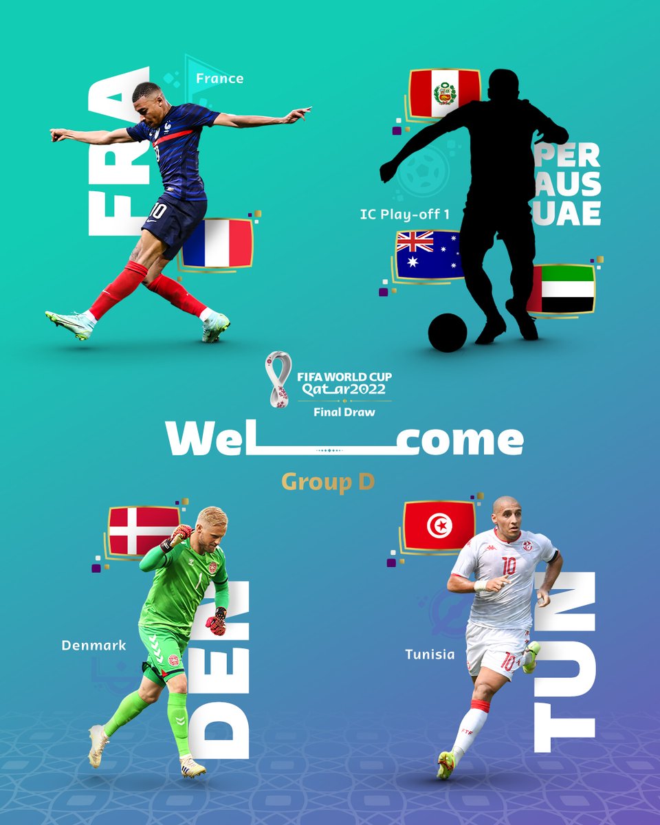 𝙄𝙣𝙩𝙧𝙤𝙙𝙪𝙘𝙞𝙣𝙜 𝙂𝙧𝙤𝙪𝙥 𝘿...

Will the champions break the curse?

#FinalDraw | #FIFAWorldCup 

🇫🇷@equipedefrance | 🇵🇪/🇦🇺/🇦🇪@SeleccionPeru or @Socceroos or @uaefa_ae  
🇩🇰@dbulandshold | 🇹🇳@FTF_OFFICIELLE