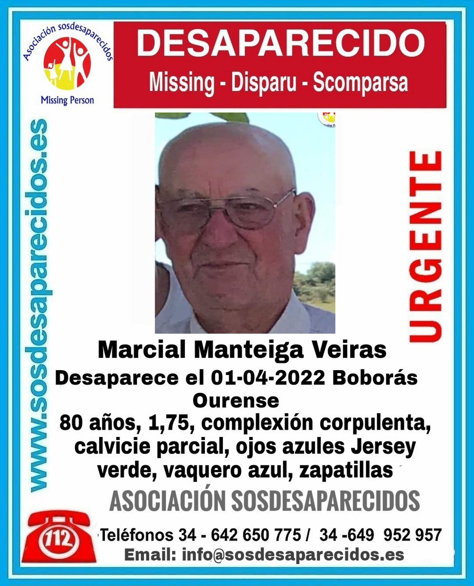 sosdesaparecido's tweet photo. 🆘 DESAPARECIDO
#desaparecido #sosdesaparecidos #Missing #España #Boborás #Ourense #Alzhéimer https://t.co/qGwCLCcOFI
