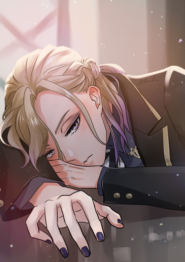 1boy male focus solo blonde hair purple eyes looking at viewer purple nails  illustration images