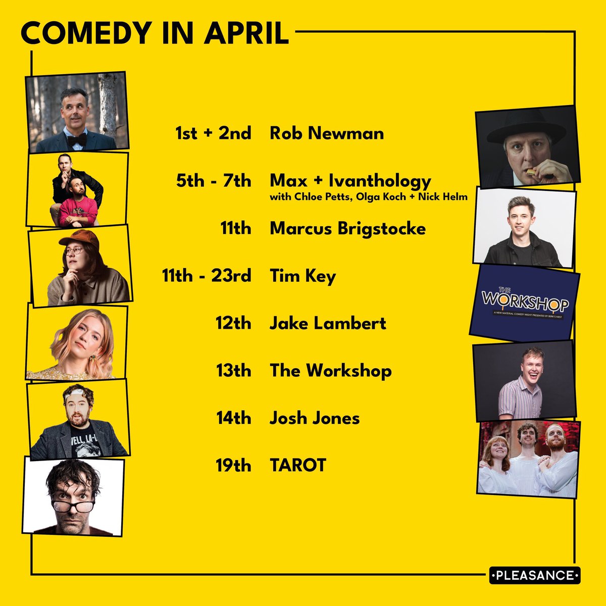 PleasanceComedy's tweet photo. April’s comedy lineup @ThePleasance 🐰 

https://t.co/lHQVHhZDMR https://t.co/h8tlGbUSXe