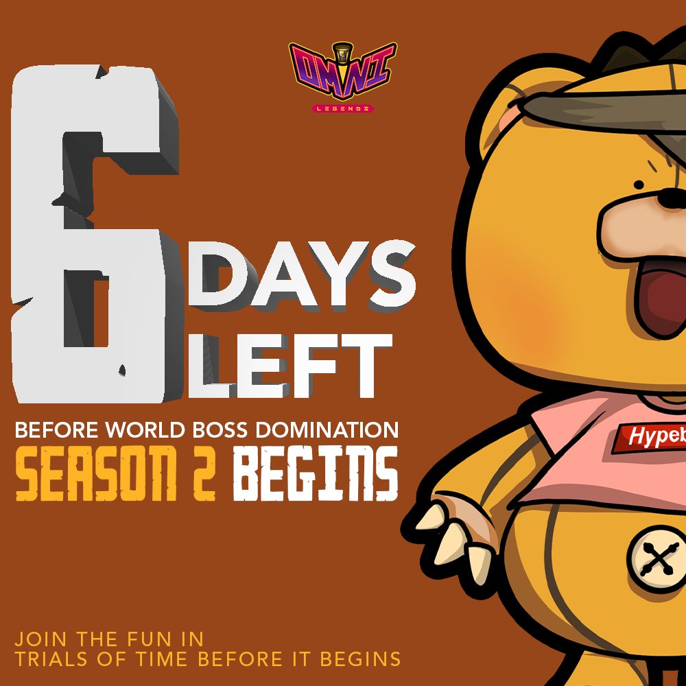 6 DAYS LEFT before WORLD BOSS DOMINATION SEASON 2 OFFICIALLY OPENS! 

JOIN THE UPCOMING SEASON!

DON'T MISS THE FUN and PLAY here:

🔗: omnilegends.oneomniverse.com

JOIN our pages and TG community:

📣: t.me/oneomniversePH
💬: t.me/oneomniverse  

#Omnicash #P2E #NFTGames