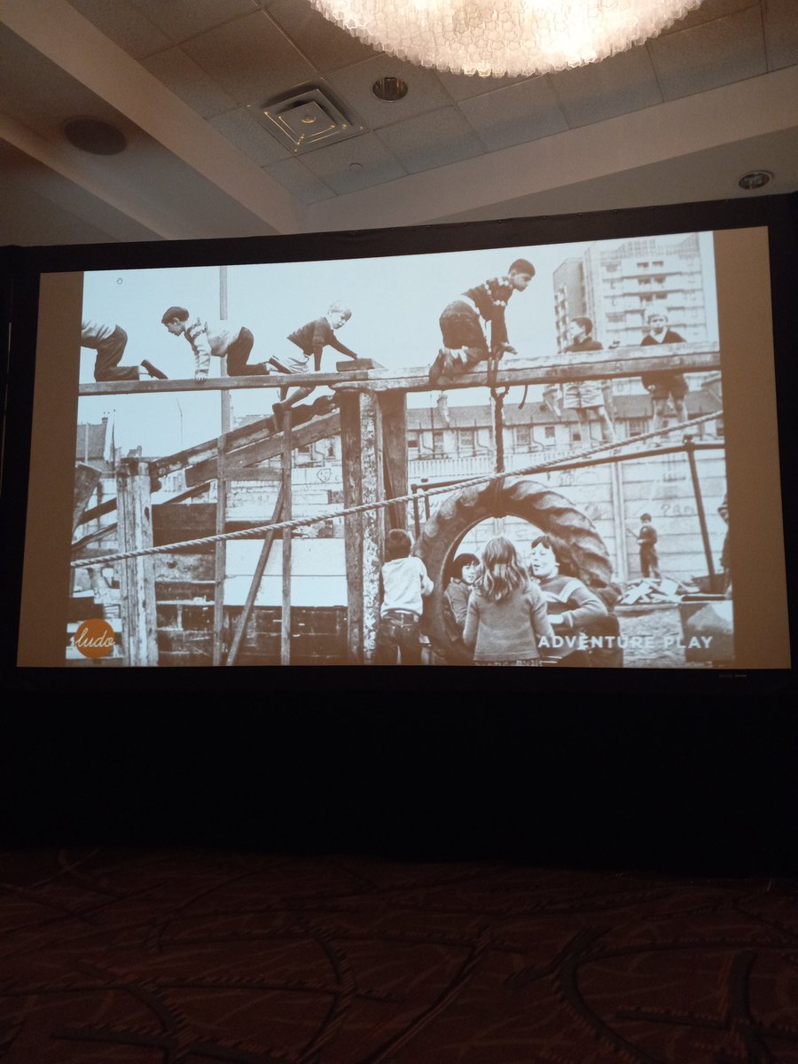 Great overview of history & design playground/play spaces by Studio Ludo, with research showing 50% of playground users aren't children, everyone loves swinging, climbing, & sliding, and playgrounds are about social connection and a balance of activity & rest. #learnplay22