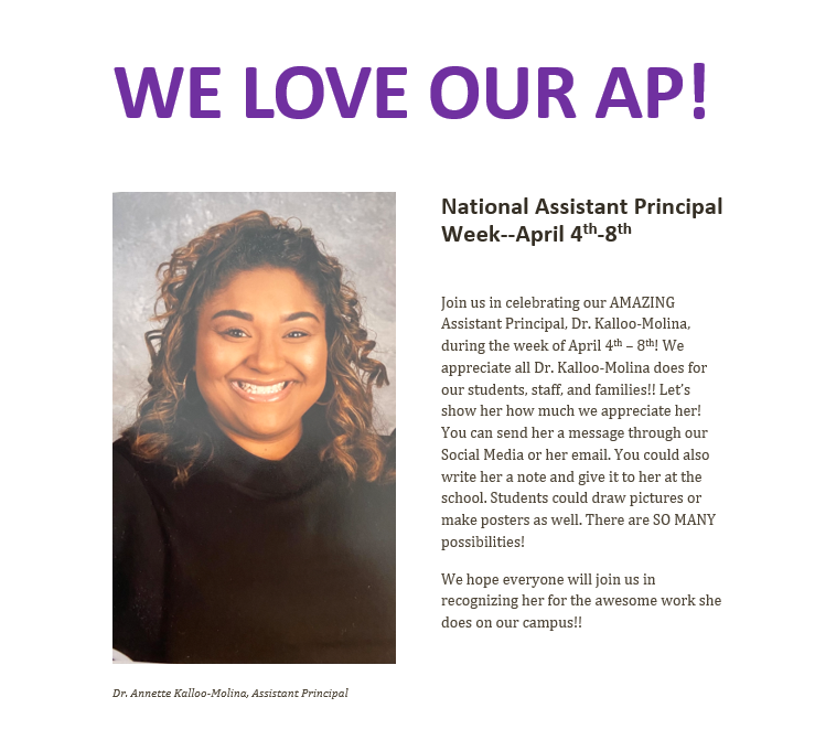 PAFA_STARS's tweet photo. This week (April 4th-8th) is National Assistant Principal Week! Let's show our AP, Dr. Kalloo-Molina, how much we love and appreciate her!! #NationalAssistantPrincipalWeek2022 https://t.co/sgi0Ve5SoO