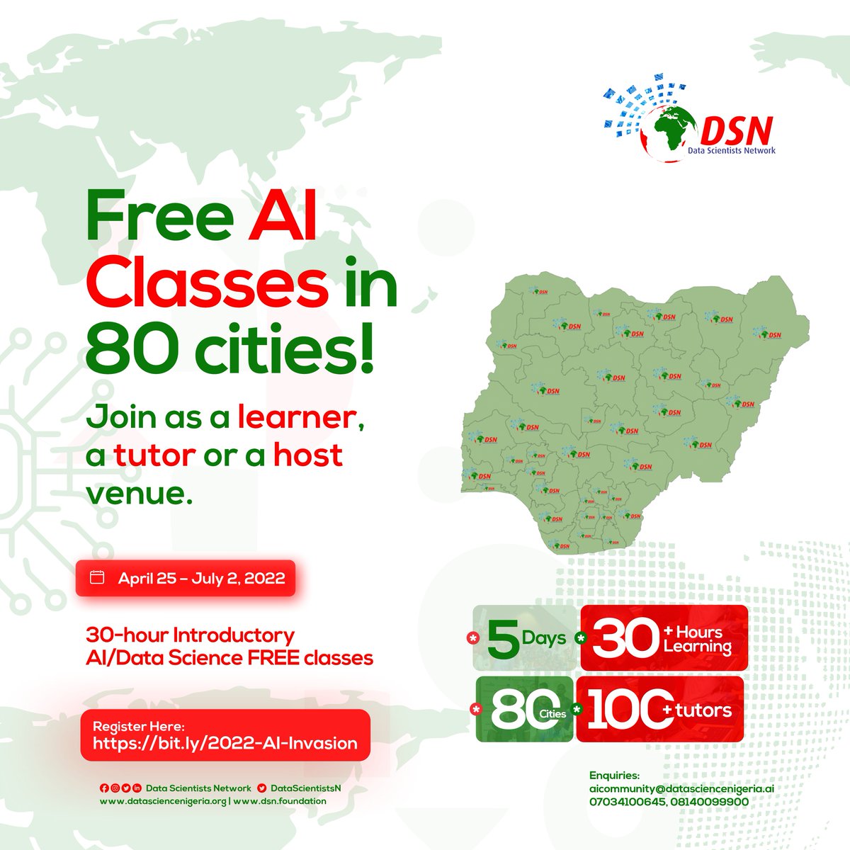 dsn_ai_network's tweet image. We are taking FREE Data Science, AI, and Machine Learning, classes to 80 cities in Nigeria!

Be a part as a learner, tutor, or host venue [hubs, schools, and institutions can all host the program.

Register here: ttps://www.datasciencenigeria.org/2022-ai-invasion/

#AI #DSN