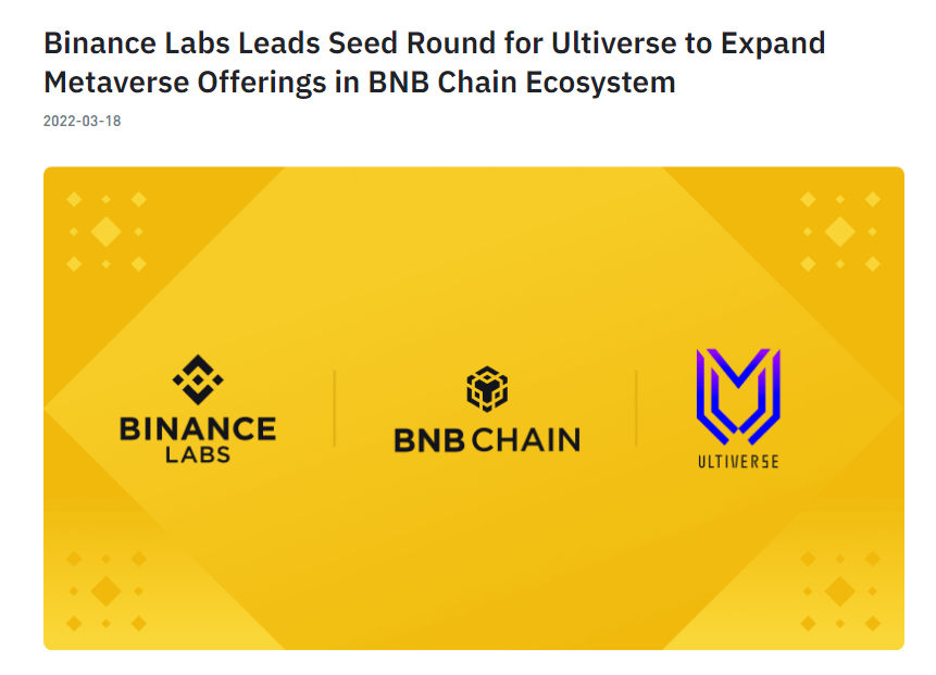 <a href="/BinanceLabs/">Yzi Labs</a> <a href="/BNBCHAIN/">BNB Chain</a> @Guildfi <a href="/peardao/">opor_sonwara</a> <a href="/Ultiverse/">Ultiverse</a> @NfTrade <a href="/LiveArtX/">LiveArt</a> <a href="/NineChronicles/">Nine Chronicles</a> <a href="/MaviaGame/">Heroes of Mavia</a> <a href="/GAMEEToken/">GAMEE</a> <a href="/VoxiesNFT/">VoxiesNFT</a> <a href="/StarryNift/">StarryNift</a> @aptoslabs <a href="/WOOnetwork/">WOO</a> <a href="/coin98_wallet/">Coin98 Super Wallet</a> <a href="/symbiosis_fi/">Symbiosis</a> @spacemetaverse <a href="/AutomataNetwork/">Automata Network</a> <a href="/MantaNetwork/">Manta Network (🔱,🔱)</a> <a href="/UltiverseDAO/">Ultiverse</a> 4/ There are several projects to note here that <a href="/UltiverseDAO/">Ultiverse</a> is a project that both Binance Labs and BNBCHAIN Fund have invested in. In addition, <a href="/StarryNift/">StarryNift</a> and <a href="/GuildFiGlobal/">GuildFi</a> are two projects invested by the potential of #GameFi , #GameGuilds and #Metaverse #NFT .