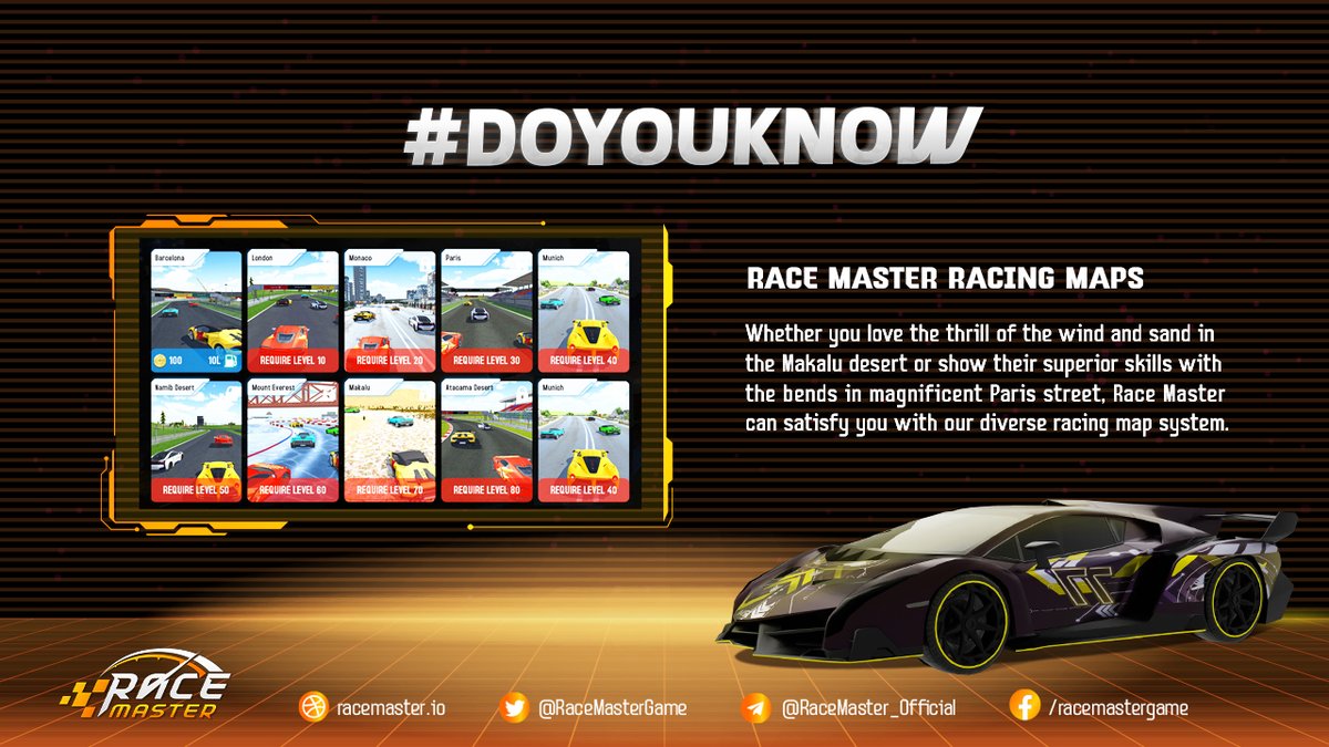 🤔 Race Master's nine Racing Roads are Country, City, Desert, and Festival. 

✨ All these roads have a different amount of fuel. In the future, Racing Road can be purchased and race fees charged by players. Stay tuned for the game !!!
#GameFi #NFTGame