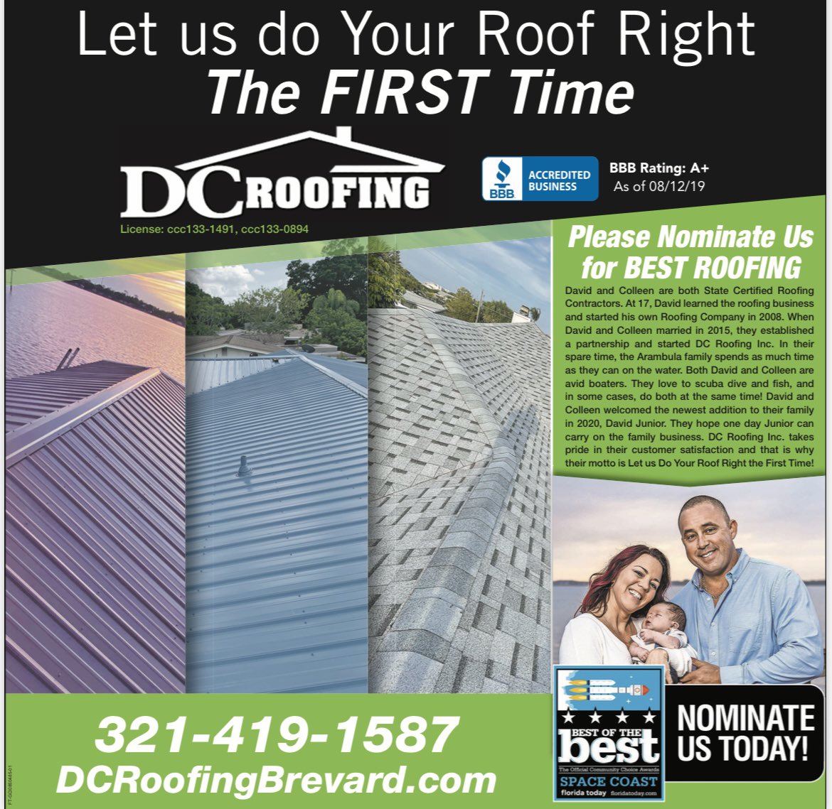 You can vote once a day tell end of April I know it’s a lot but if you could help spread word and vote every day for month of April. Calling all DC family please nominate us for Best Roofing for Best In Brevard by following the link below under services floridatoday.secondstreetapp.com/2022-Best-of-B…