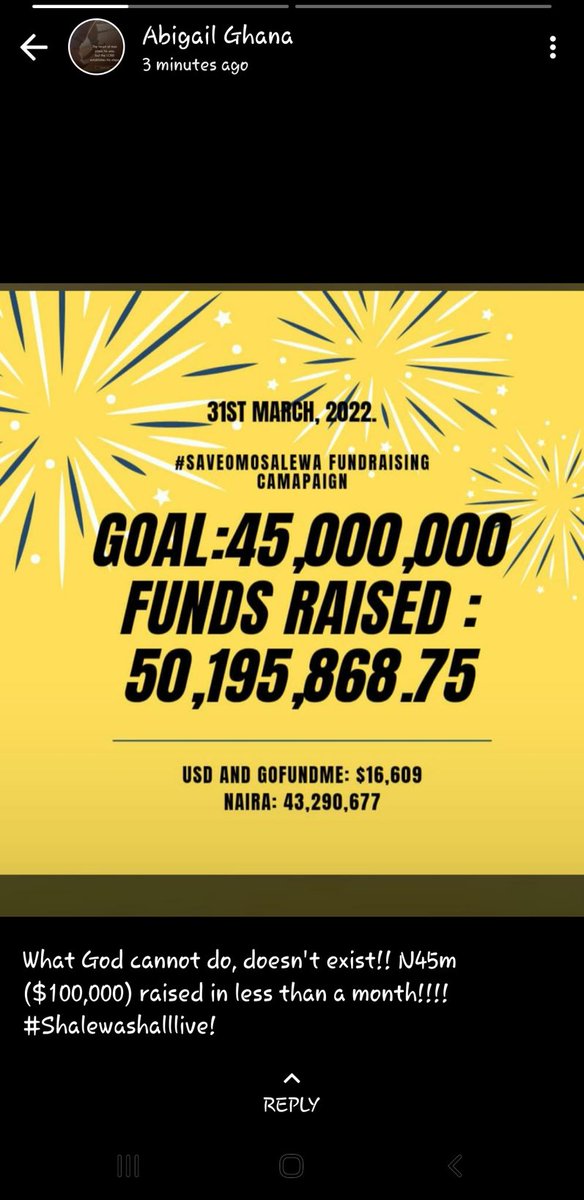 shaleywa's tweet photo. Thank you for your support . We are grateful...We met and exceeded the target. #SaveOmosalewa https://t.co/qT8MF8hGzw