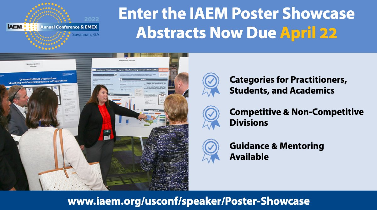 iaem's tweet image. Take some time this weekend and work on your Poster Showcase abstract. Learn more: ow.ly/RjCW50IuYh4. #IAEM22 #PosterShowcase #EMresearch