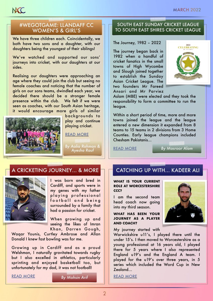 National Asian Cricket Council Newsletter - March 2022
Featuring articles by Shahidul Alam Ratan, Aalia Rahman &amp; Ayesha Rauf, Masroor Alam, Mohsin Arif and a catch up with Kadeer Ali. 

Read the full articles on nacc.co/nacc_news/