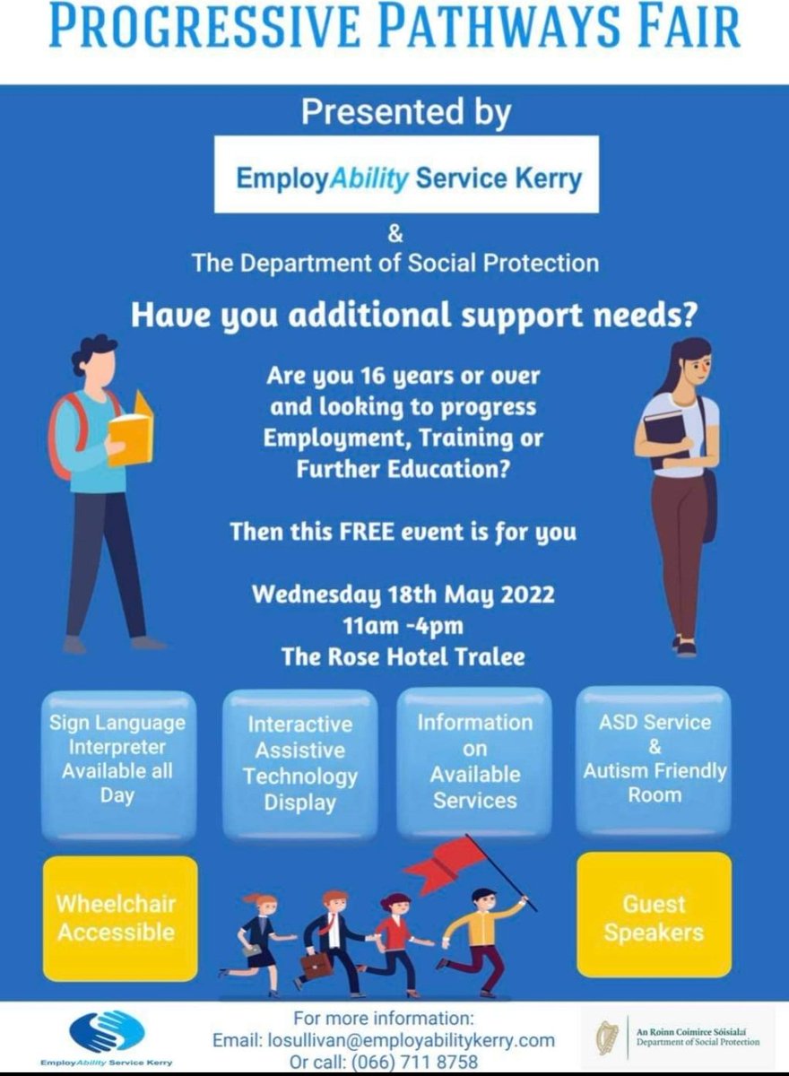 AutismTralee's tweet photo. EmployAbility Service Kerry along with the Department of Social Protection are holding a Progressive Pathways Fair 🎉

When: Wednesday 18th May 2022 from 11am to 4pm.

Where: The Rose Hotel, Dan Spring Road, Tralee, Co. Kerry https://t.co/Fsbasi5KoS