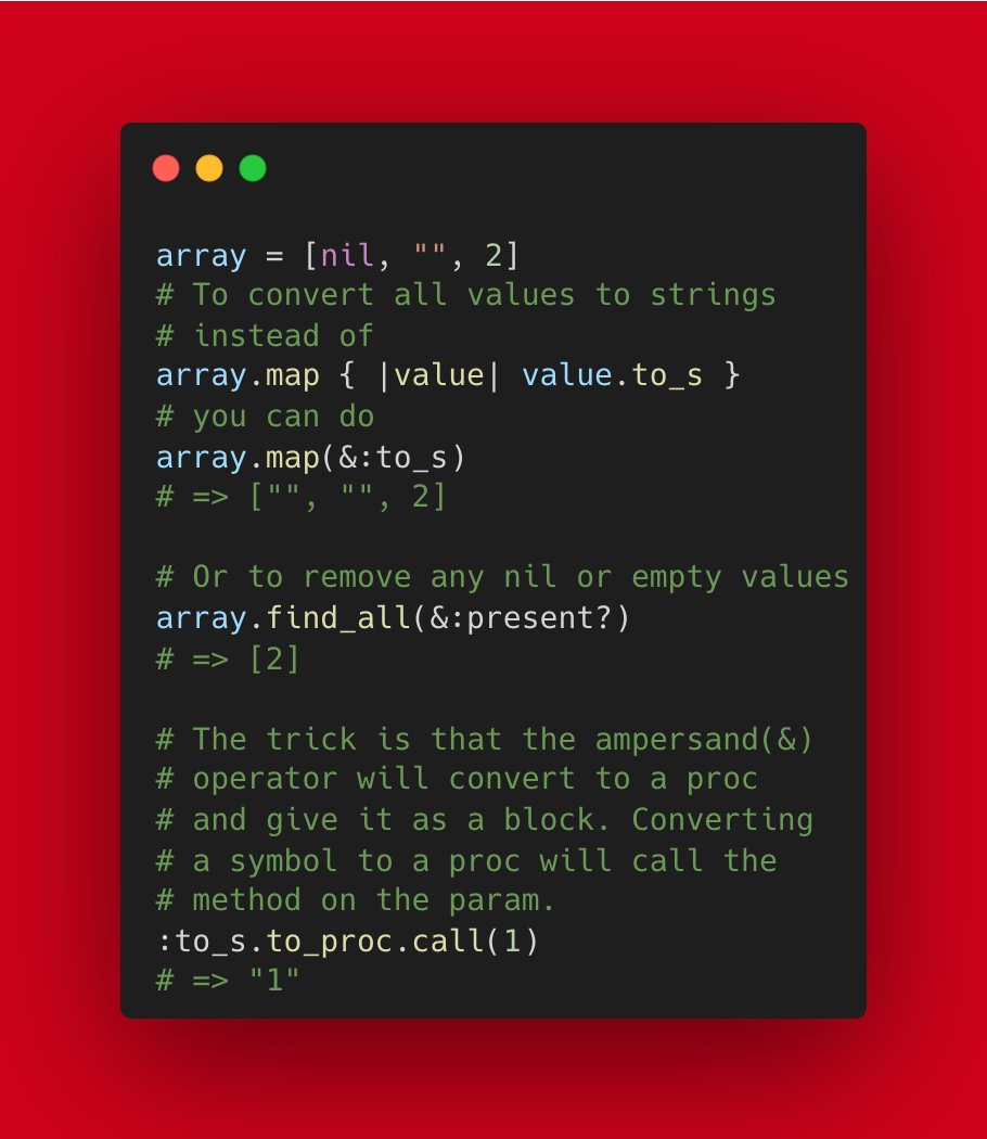 websebdev's tweet image. 💎Ruby tip💎
Did you know that you can use the ampersand(&amp;) operator with any method that
require a block for some convenient shortcuts?
Examples ⬇️
#ruby #rails #rubyonrails