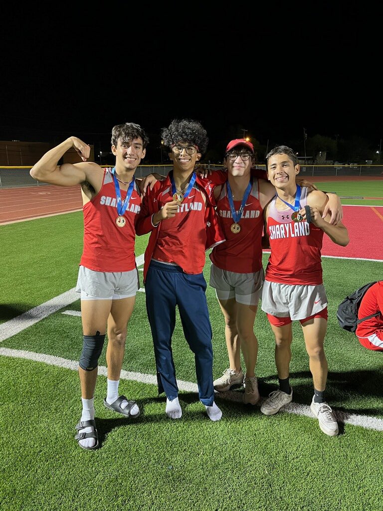 SharylandTrack's tweet photo. Proud of these young men! Luis, Lisandro, Fernando, & Jorge took 🥇 in the mile relay at the Rey Ramirez Relays with a time of 3:26:20! Jobs not done!!! #WAR #RattlerPride #RunSHS https://t.co/2GSjBdWbcy