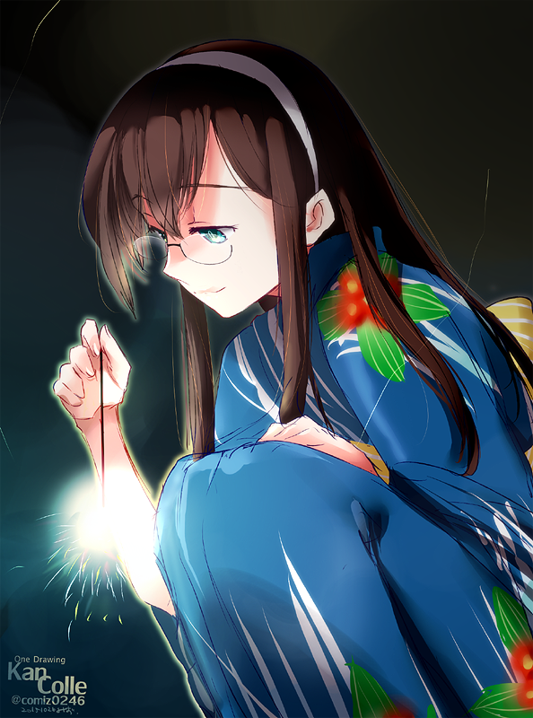 ooyodo (kancolle) 1girl japanese clothes solo glasses kimono fireworks long hair  illustration images