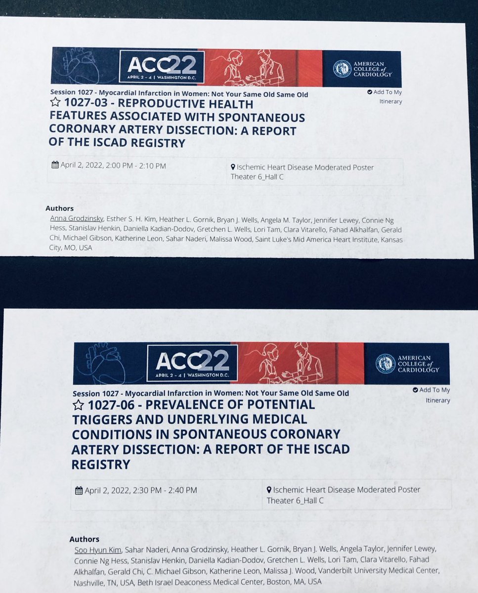 SCADalliance's tweet photo. TWO great sessions today (2 and 2:30) reporting on findings of @iSCADregistry Hope to see you there! #ACC22 #SCAD #SCADheart cc: @AnnaGrodzinsky @EstherSHKimMD @drmalissawood https://t.co/Rp87H0L4FG