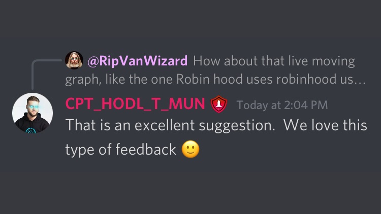 #SAFEMOON 
Q: How about that live moving graph, like the one Robin hood uses uses in their wallet? Any chance that we will ever get to see that on our exchange or in our wallet?
KARONY: That is an excellent suggestion. We love this type of feedback 🙂