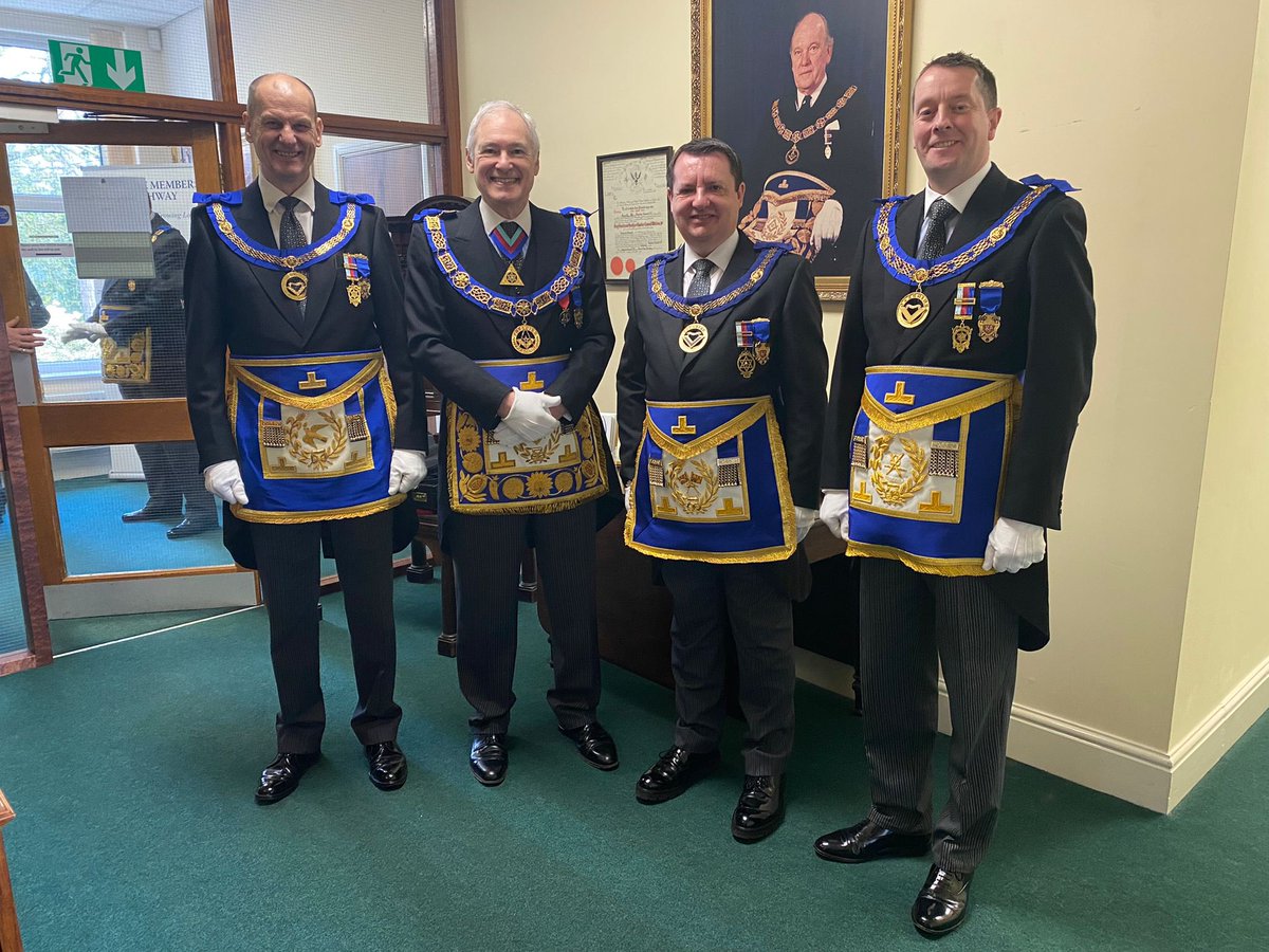 CheshirePGL's tweet photo. Provincial Grand Master, Stephen Blank accompanied by Assistant Provincial Grand Masters Jeffrey Cunningham, Stephen Christian and Christopher Renshaw supporting our friends in the Province of Derbyshire at their Craft AGM today.

#Freemasons
#CheshireFreemasons https://t.co/2g7J4BqM3j