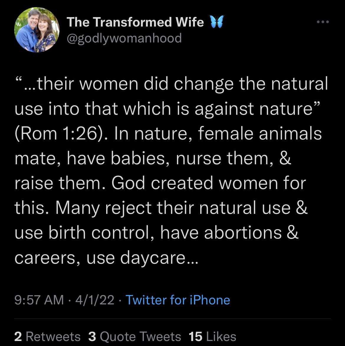 gloriasings2's tweet photo. In two tweets this morning @godlywomanhood has again made it very clear that #women have no other #value than to be #mothers. She never misses an opportunity to #disparage women who can’t have kids. 1/2 https://t.co/kDcGHYoXnC