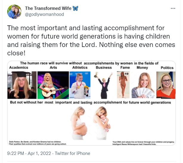 gloriasings2's tweet photo. In two tweets this morning @godlywomanhood has again made it very clear that #women have no other #value than to be #mothers. She never misses an opportunity to #disparage women who can’t have kids. 1/2 https://t.co/kDcGHYoXnC