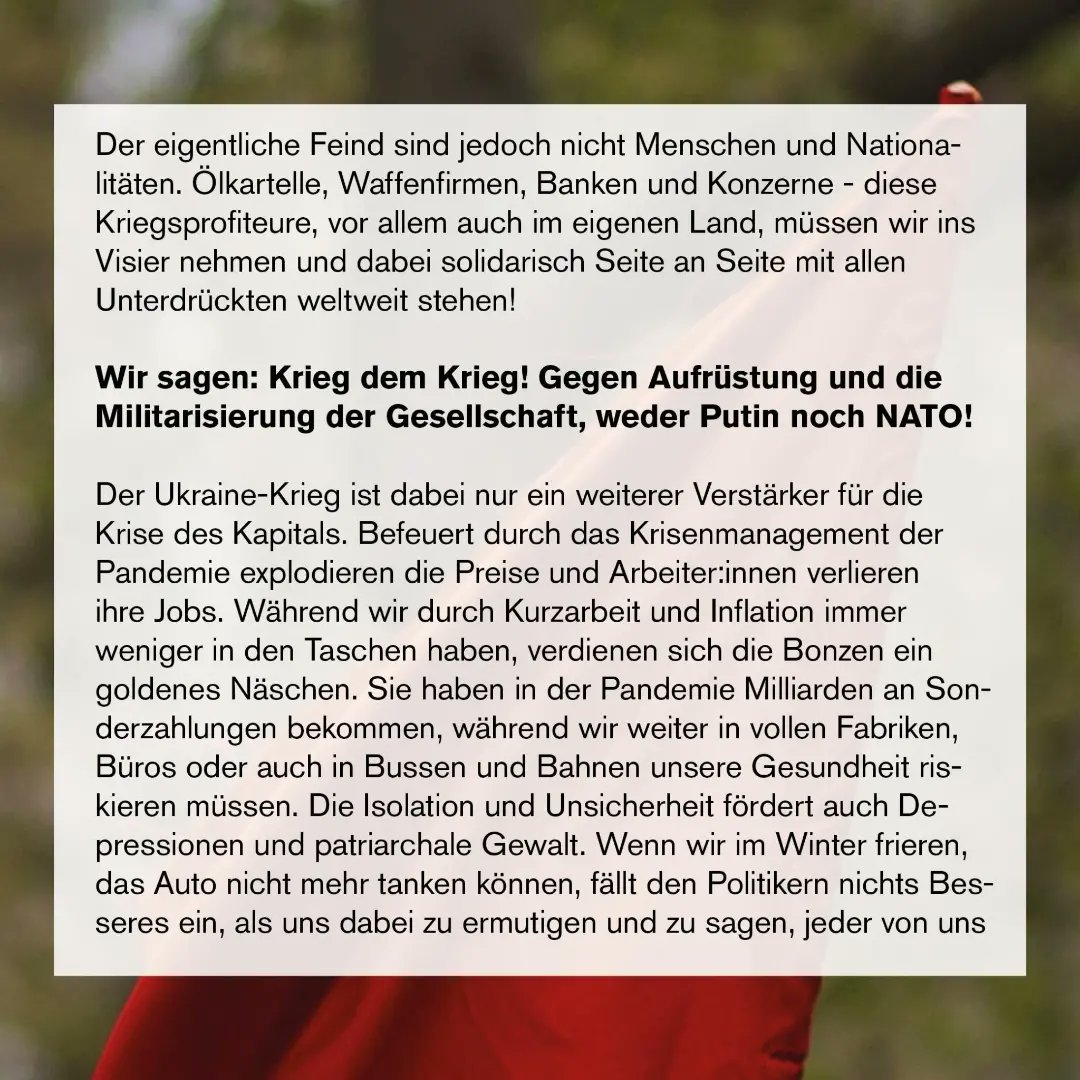erstermaiffm's tweet photo. Heraus zum 1. Mai!

Gemeinsam kämpfen gegen Krieg und Kapitalismus - international für Solidarität und Klassenkampf!

#tagunsererklasse #1mai #ffm0105 https://t.co/fGn850TJ2f
