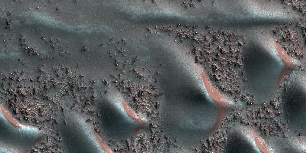 HiRISEBot's tweet photo. Dunes within crater in Aonia Terra - https://t.co/TqO8Y6TfLU https://t.co/7d6mBv77gY