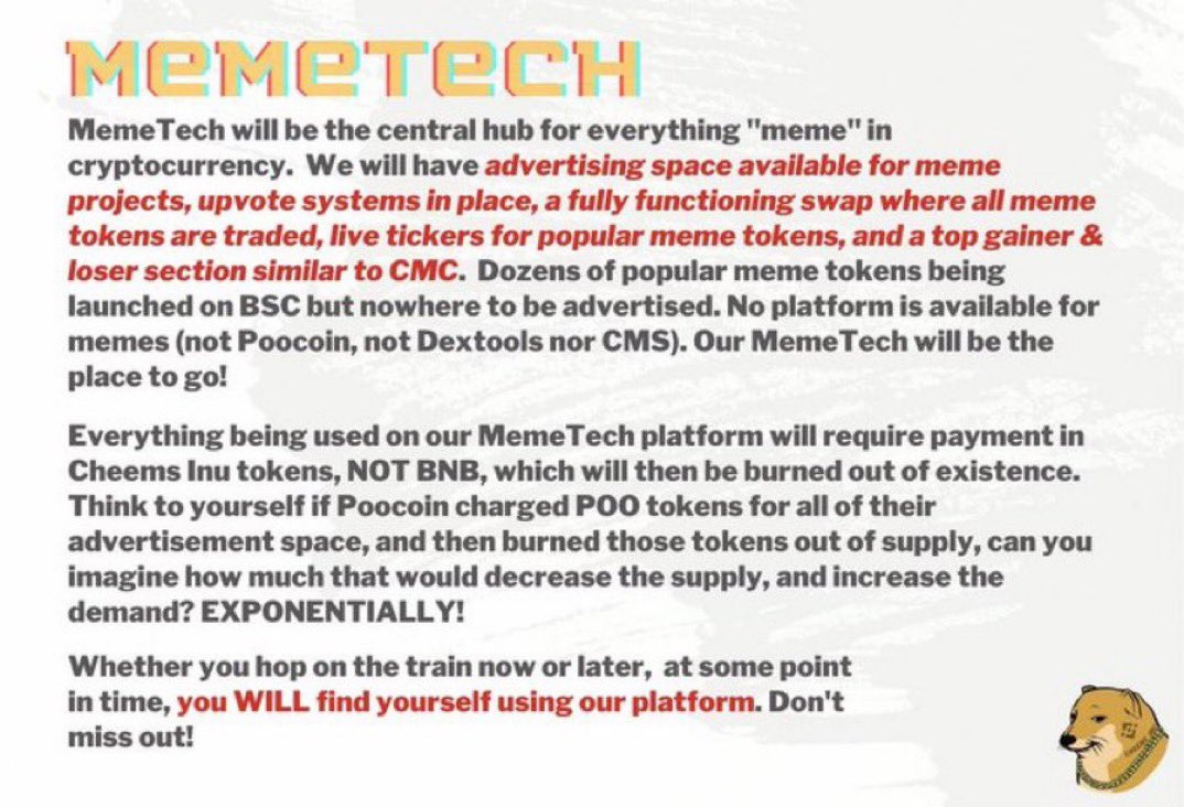 memetech_bnb's tweet photo. For anybody who is unfamiliar with the burning function of #MemeTech please read this summary attached below for a quick understanding! 🐾📱💻 
#CheemsInu #BSC #BNB https://t.co/DmqfMxKqdQ