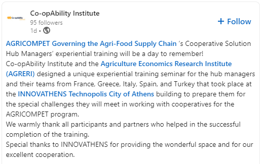 Türkiye için vizyoner bir üretici örgütü (kooperatif)yönetimine yönelik eğitim projesini hayata geçiriyoruz. İlgilenen kooperatifler benimle iletişime geçebilir. Eğitimler İstanbul'da yüz yüze gerçekleştirilecek.