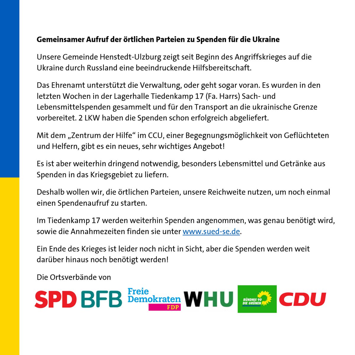 fdp_hu's tweet photo. #StopptdenKrieg #Spendenaufruf #HenstedtUlzburg

@CDU_Segeberg @FDP_SH @Gruene_SH @SPD_Segeberg https://t.co/o3IqZzQaSz