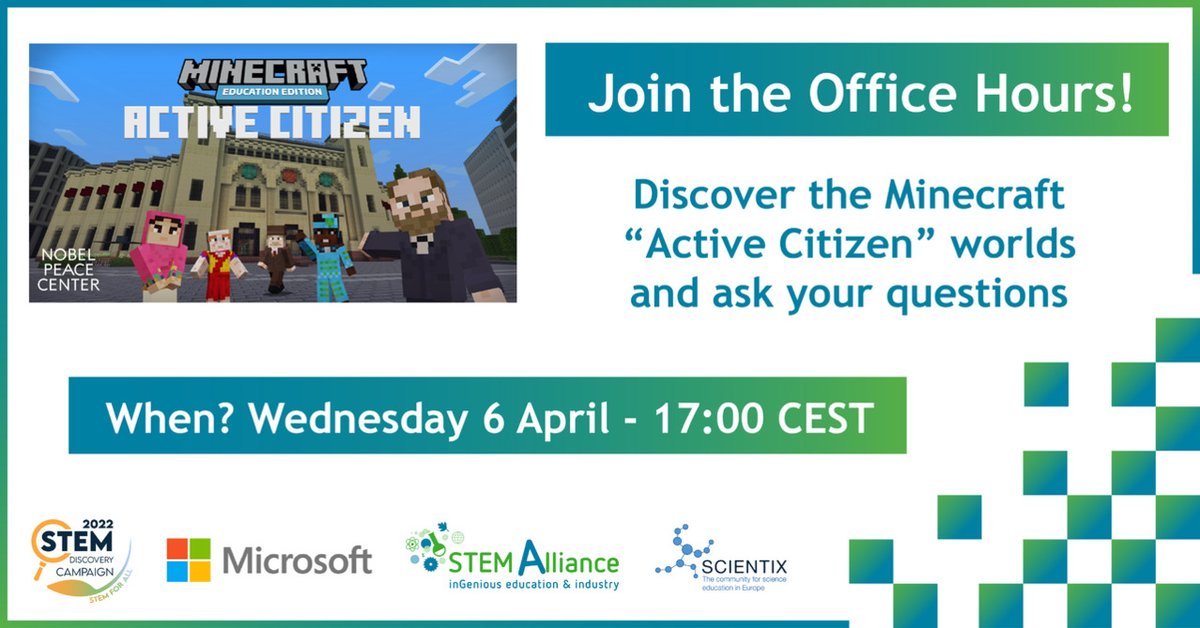 🤔 Still unsure whether to participate in the STEM Alliance and #MinecraftEdu Competition? 
🖐️ Ask your questions during our Office Hours on 6 April
🗓️ Between 17 and 18 CET, our mentors will be available to clarify your doubts!
Discover more here: bit.ly/msft-oh-1
#SDC22