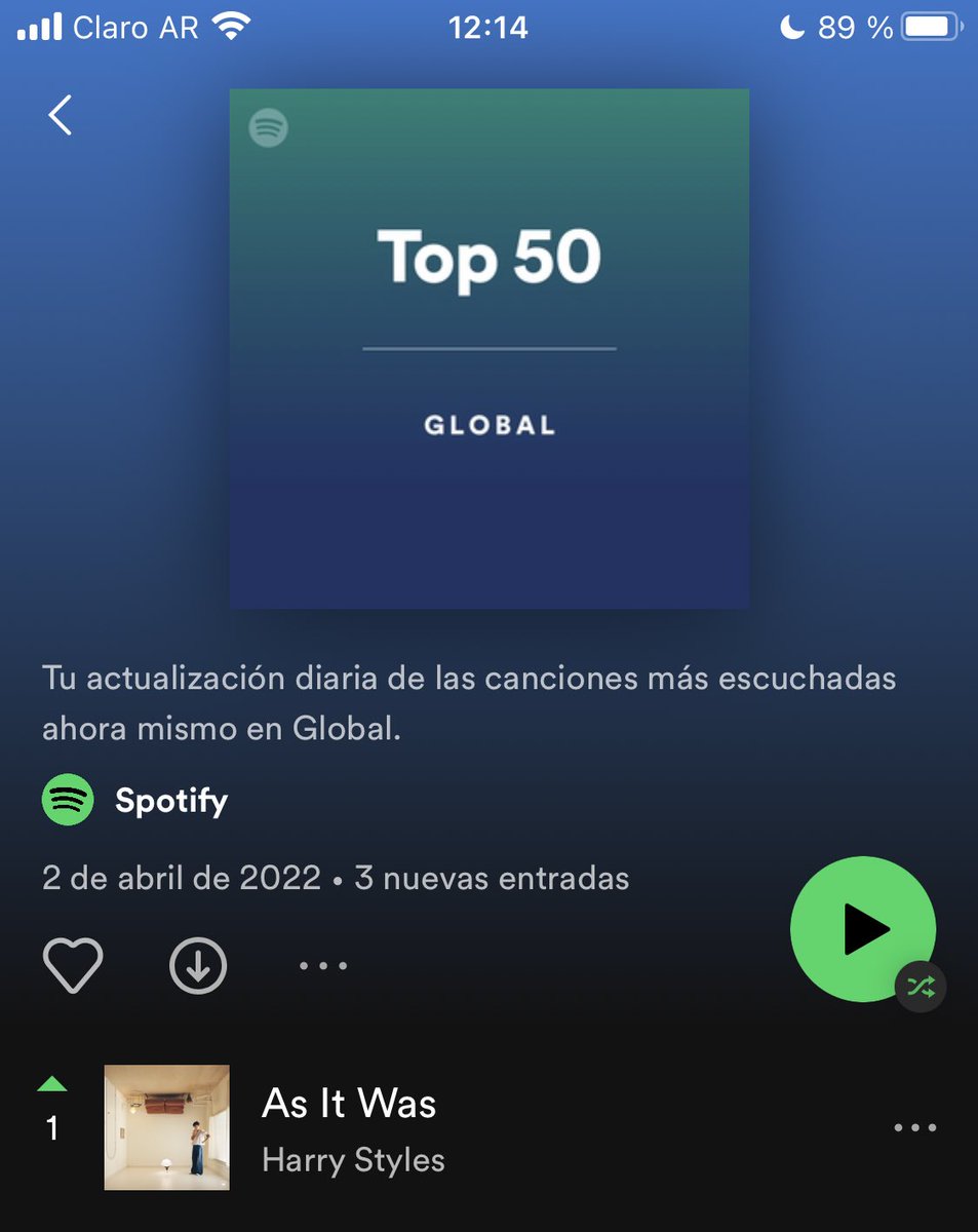 HarryArgentina's tweet photo. #AsItWas se encuentra en el puesto #1 de los TOP 50 GLOBAL y en el #2 de los TOP 50 ARGENTINA de Spotify! 🤩👏 https://t.co/Vm8O6SpttA