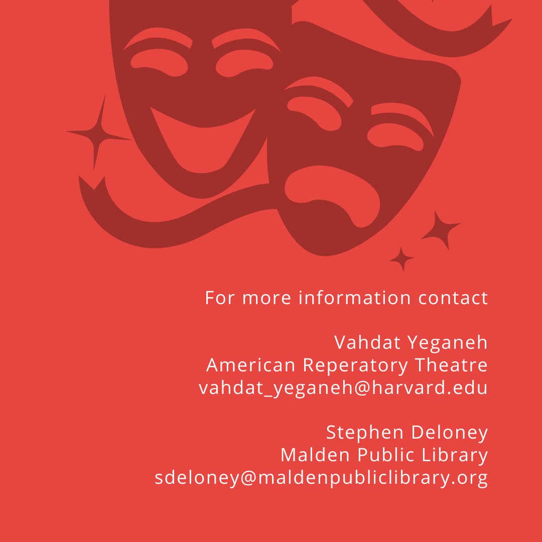 MaldenMAlibrary's tweet photo. #Malden 's communities share so many stories. Join us April 21st at 7pm to learn more about 'Dialogue of Civilizations' a free series of hands on workshops by the American Repertory Theater to foster community dialog.  
@americanrep
 #Malden #MaldenPublicLibrary #Theater #drama https://t.co/EyKB9oNOTO