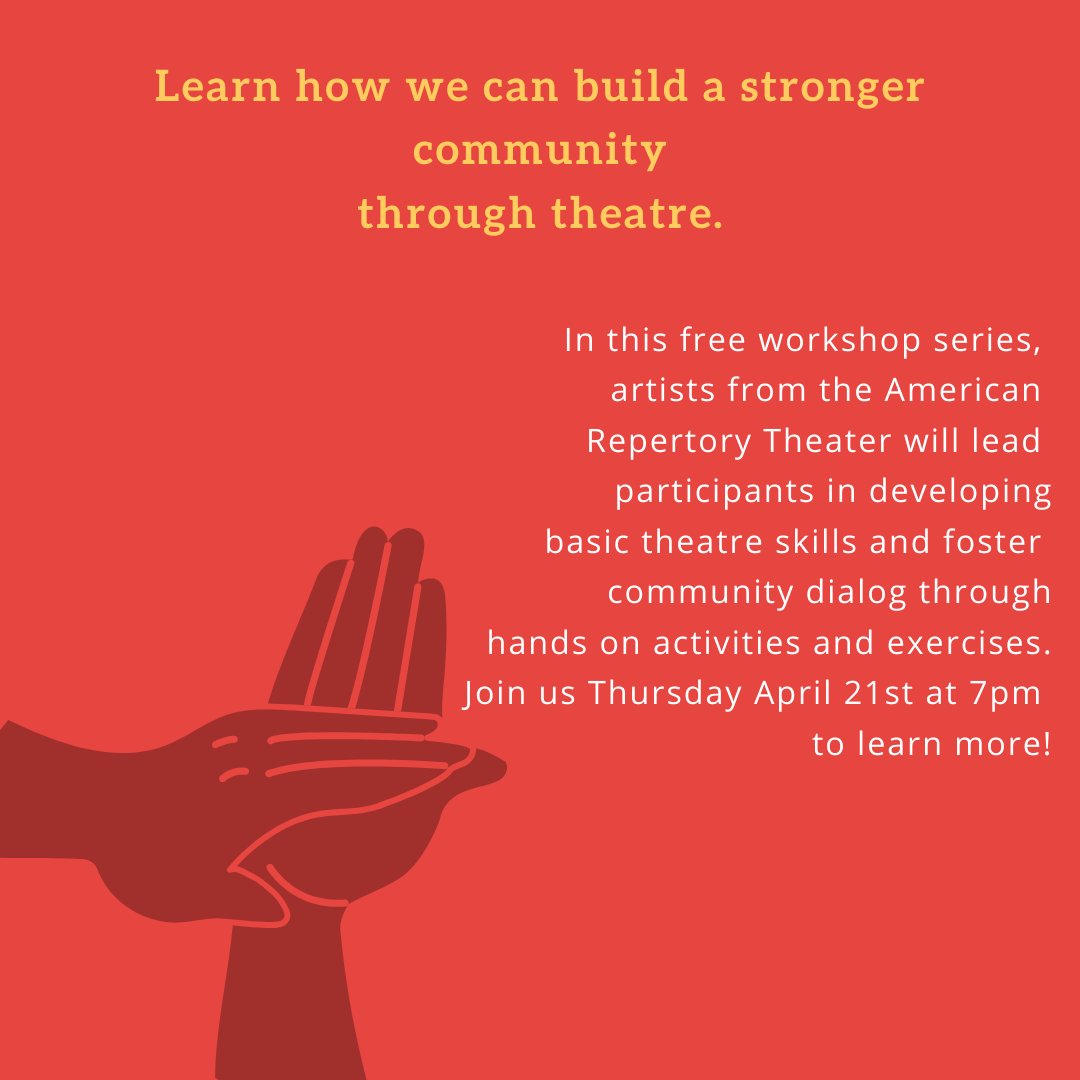 MaldenMAlibrary's tweet photo. #Malden 's communities share so many stories. Join us April 21st at 7pm to learn more about 'Dialogue of Civilizations' a free series of hands on workshops by the American Repertory Theater to foster community dialog.  
@americanrep
 #Malden #MaldenPublicLibrary #Theater #drama https://t.co/EyKB9oNOTO
