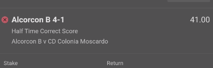 _StayFun's tweet photo. @bet365 match Alcorcon B vs CD Colonia Moscardo ended 4-1 at half time. Yet my over 4.5 bet is settled as lost. Please re-settle your bets. I also had 4-1 correct score. https://t.co/BwW6DQ0QVg