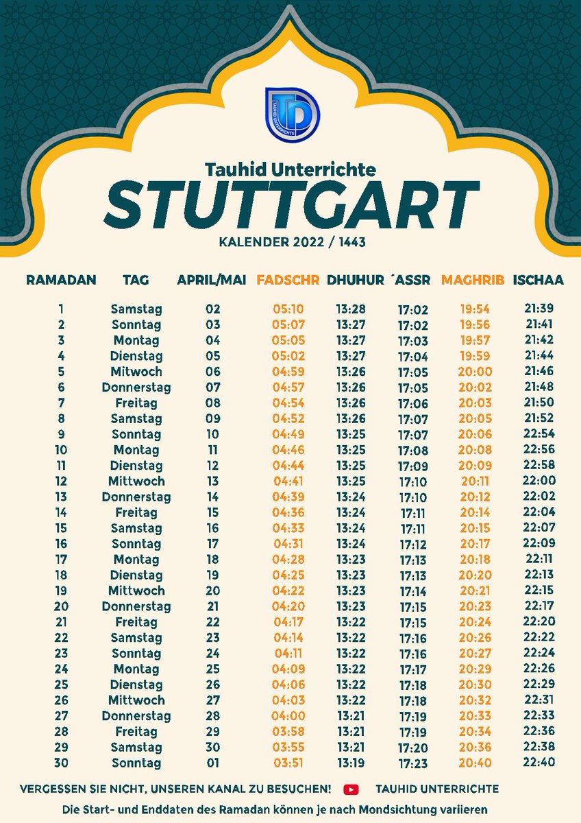 Sehr geehrte Geschwister, für diesen Ramadan haben wir für euch Kalender vorbereitet. Wir wünschen euch einen gesegneten Ramadan.

Die Kalender sind vorbereitet für die Städte:
📍Berlin, Hamburg, Köln, Hannover, Mannheim, Frankfurt, Stuttgart
📍Wien

➡️ drive.google.com/drive/folders/…