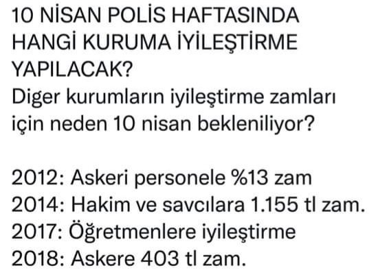 10 Nisanların Özeti. 10 Nisan her meslek grubu zam gördü hak gördü bir polis göremedi. Polis ne mi gördü güvenlik tedbiri gördü, ek görev gördü...

#PolisKanunİstiyor