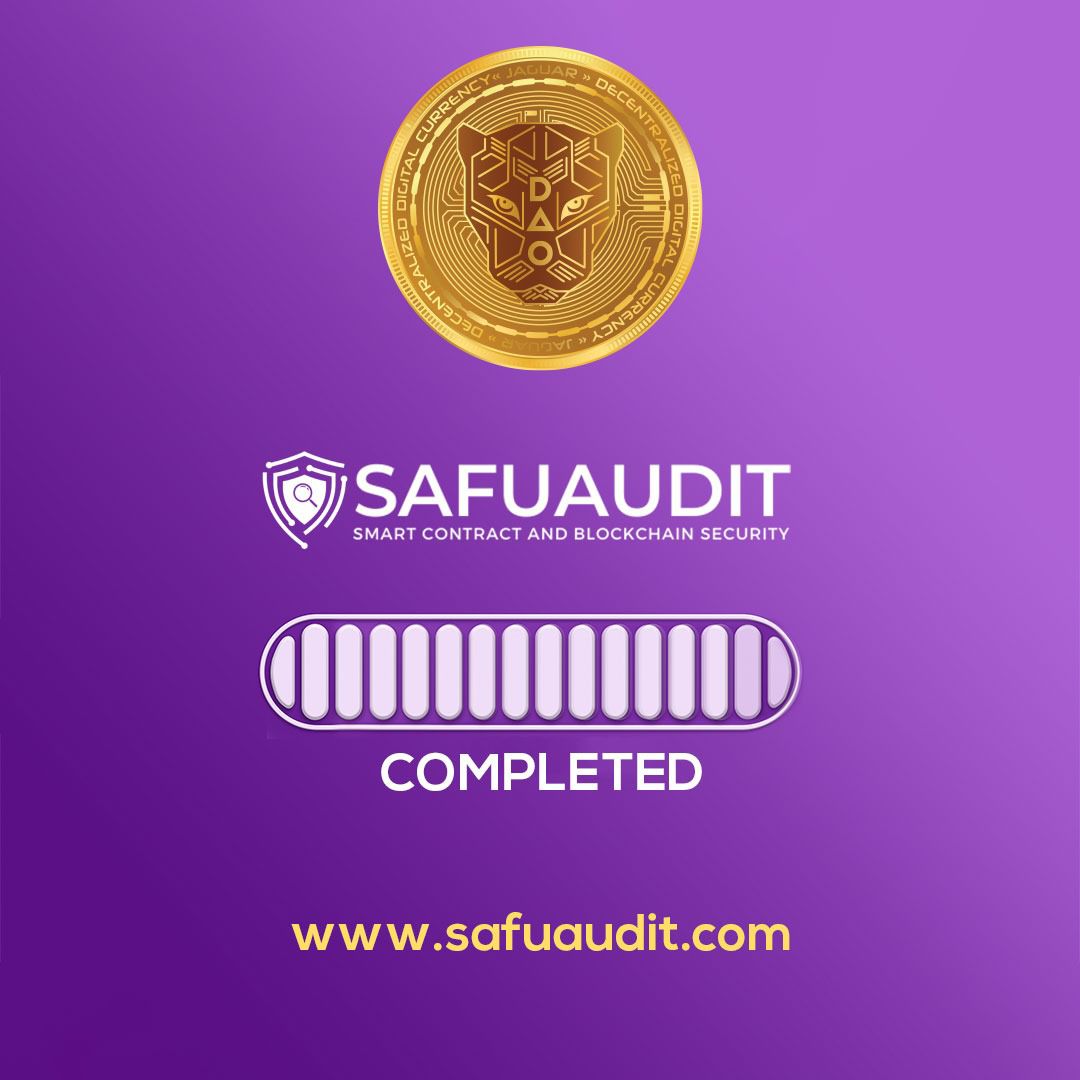 Audit Completed - github.com/SafuAudit/smar…

Website - Jaguardao.finance

#JaguarDAO #JaguarDAOfinance #TITANOfork #Titano #Libero #Fino #Safuu #FinoDAO #Bsc #BEP20
