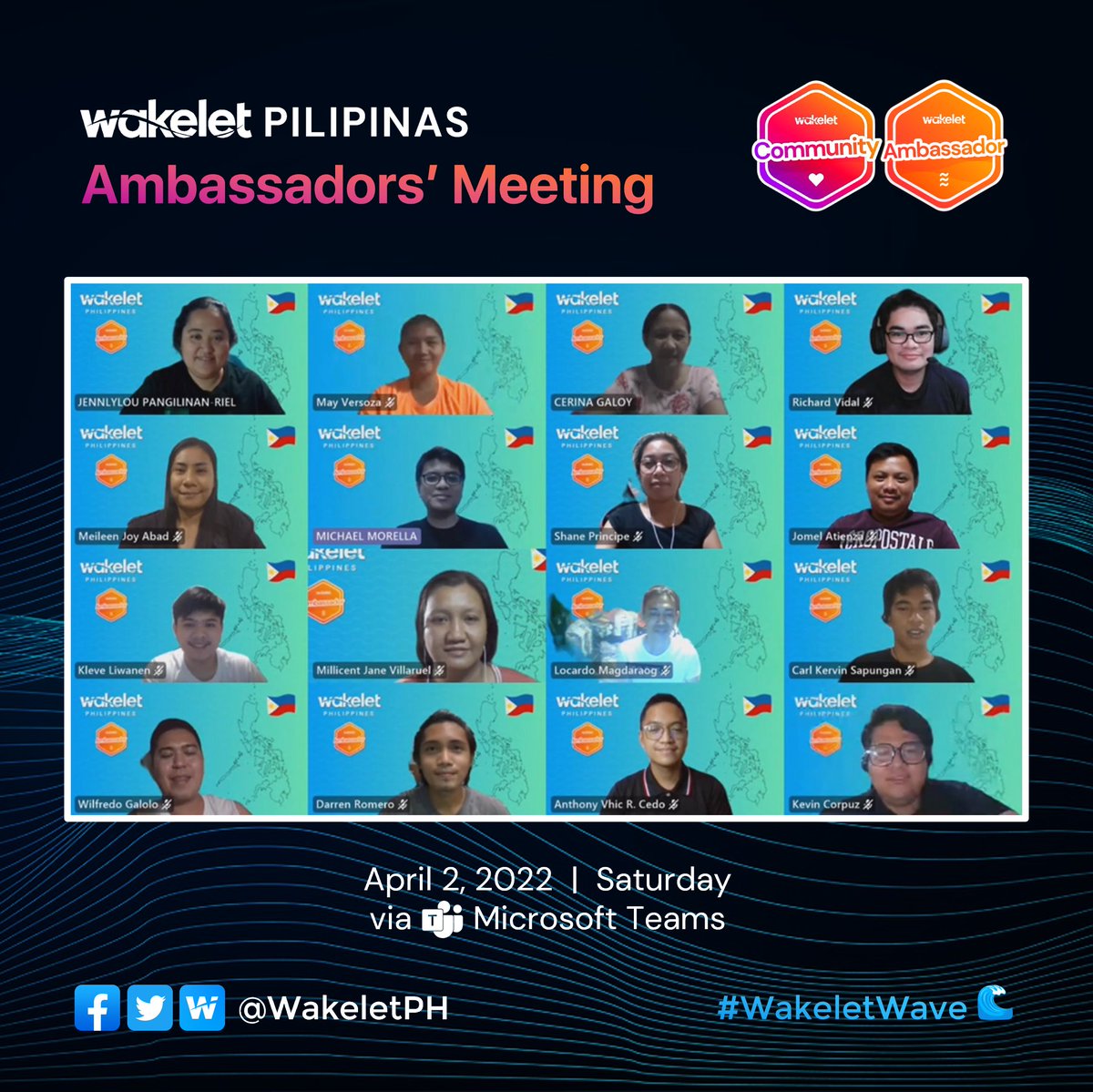 wakeletPH's tweet photo. Wakelet Pilipinas Ambassadors' Meeting
April 2, 2022 | Saturday
via Microsoft Teams

#WakeletWave🌊
@Wakelet

@SirMyk23 @ichadvidal @GuroInnah @cksapungan @AtienzaJomel @VersozaMay @avrcedo @kevincorpuz31 @Willinglyours28 @LizzieMillicent @shapol1922 @Coach_JenRiel @JrLocardo https://t.co/OXlpAyIOtd