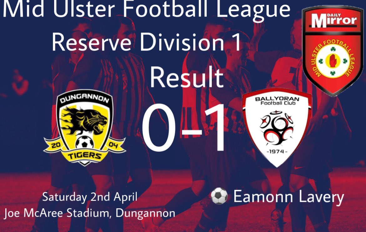 ballyoranfc's tweet photo. Full Time @ Joe McAree Stadium
Dungannon Tigers Res 0-1 Ballyoran Res
⚽️ Eamonn Lavery
#MUFL #RESDIV1 #RAWA
🔴⚪️🔴⚪️ https://t.co/SnD96fAGMS