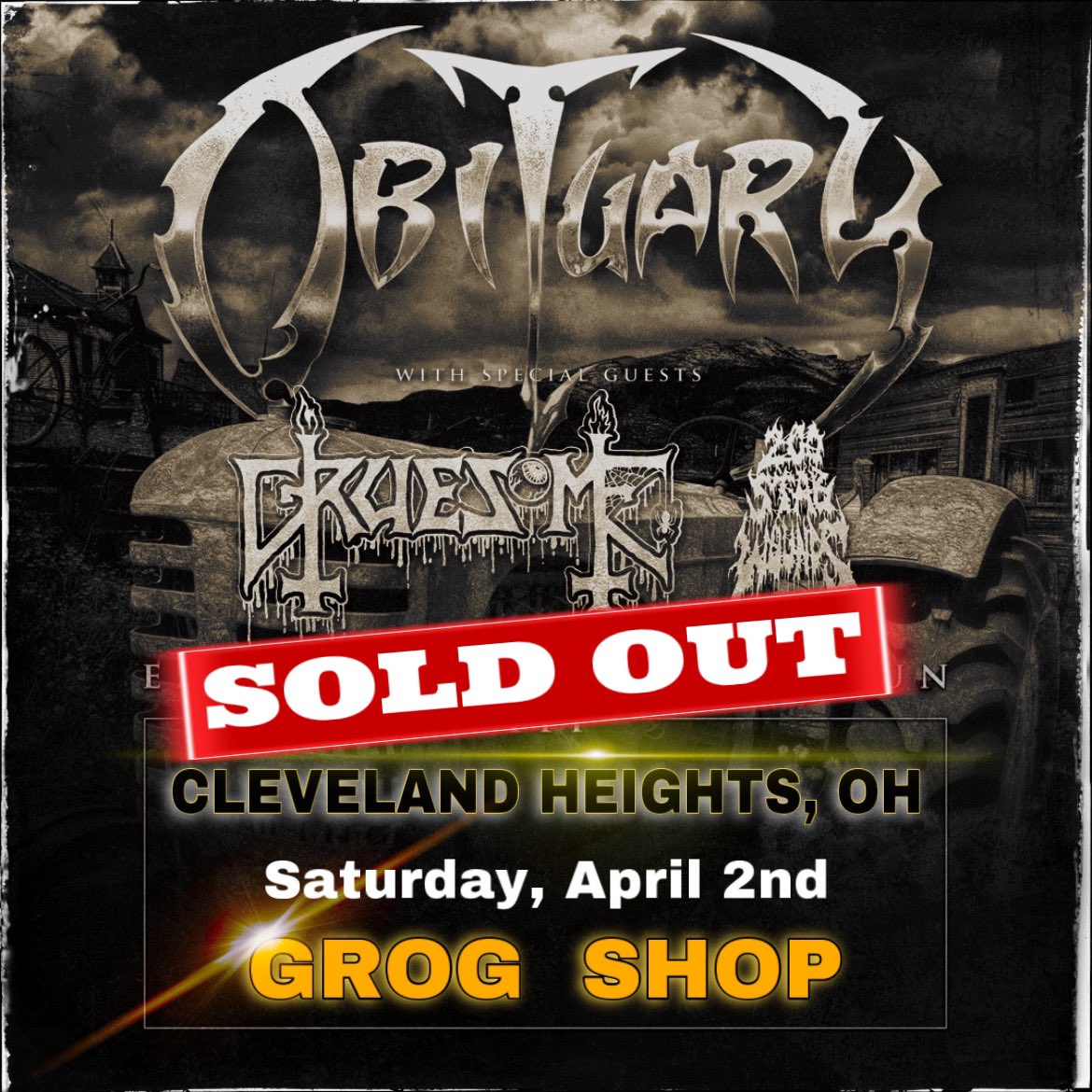 obituarytheband's tweet photo. Cleveland Heights, OH
- Tonight is Sold Out -
so…see you lucky ticket holders at GrogShop for OneKillerShow!!
*AND THEN,
MondayNightMayhem in Indianapolis, IN at Hi-Fi with us FloridaBoys &amp; 
Gruesome 
@200stabwounds 
and YOU!!!!!!
#OneBigMetalFamily 
#RedNeckRunIII https://t.co/flvoalMaLp
