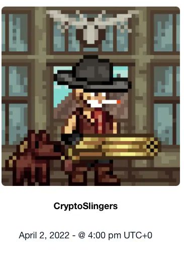 Crypto Slingers drop is in 30 minutes👇

Date: April 2 2022
Time: 4:00 pm

Twitter: <a href="/Crypto_Slingers/">CryptoSlingers</a>                        

Visit us at cnftdropfinder.com for upcoming drops

#CNFT #CNFTCommunity  #CNFTdrop #NFT #NFTCommunity #NFTartist